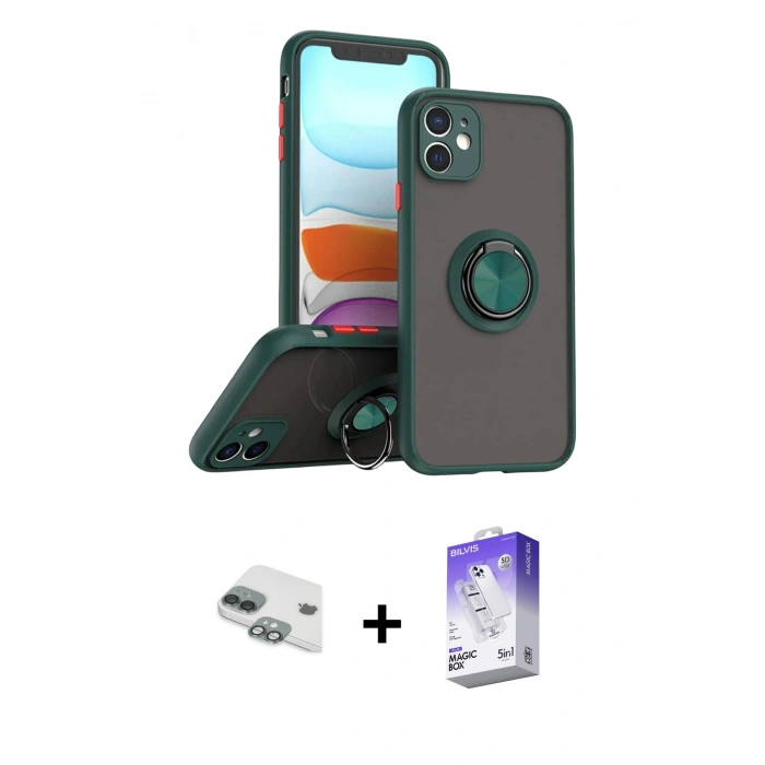 MARSİLYAN™- iPhone 11 Kılıf Yörünge Çizgi - Siyah Bilvis 5in1 3D Magic Cam Ekran Koruyucu + Pers Alüminyum Kamera Lens - YL