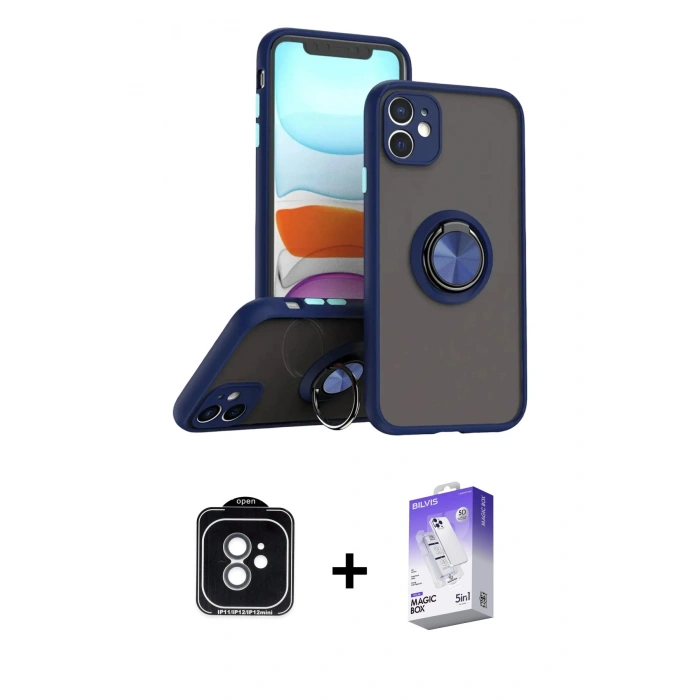 MARSİLYAN™- iPhone 11 Kılıf Yörünge Çizgi - Siyah Bilvis 5in1 3D Magic Cam Ekran Koruyucu + PVD Metal Kamera Lens - YL