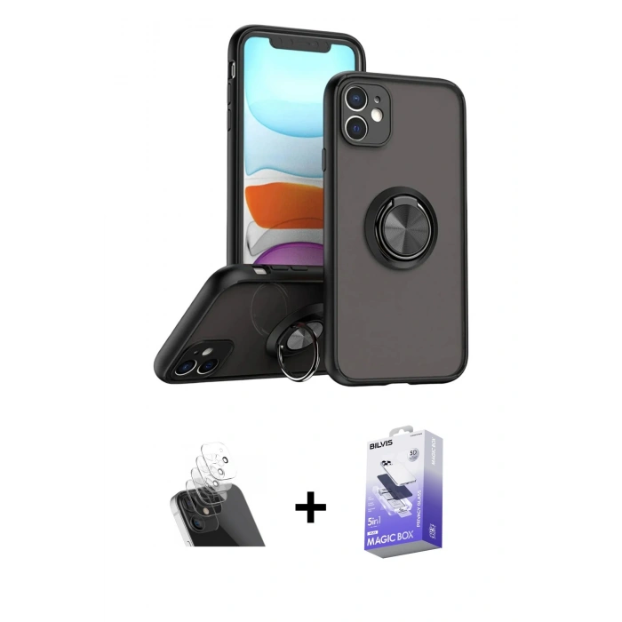 MARSİLYAN™- iPhone 11 Kılıf Yörünge Çizgi - Siyah Bilvis 5in1 5D Magic Hayalet Cam Ekran Koruyucu + Kamera Lens Koruma Cam - SF