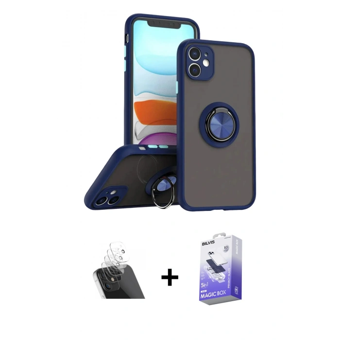 MARSİLYAN™- iPhone 11 Kılıf Yörünge Çizgi - Siyah Bilvis 5in1 5D Magic Hayalet Cam Ekran Koruyucu + Kamera Lens Koruma Cam - SF