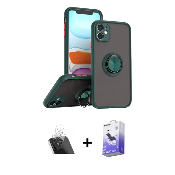 MARSİLYAN™- iPhone 11 Kılıf Yörünge Çizgi - Siyah Bilvis 5in1 5D Magic Hayalet Cam Ekran Koruyucu + Kamera Lens Koruma Cam - SF