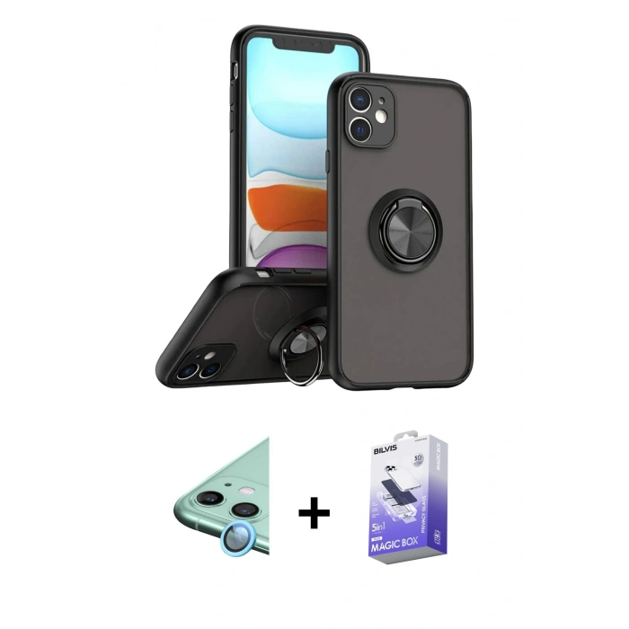MARSİLYAN™- iPhone 11 Kılıf Yörünge Çizgi - Siyah Bilvis 5in1 5D Magic Hayalet Cam Ekran Koruyucu + Raze Metal Kamera Lens - MI