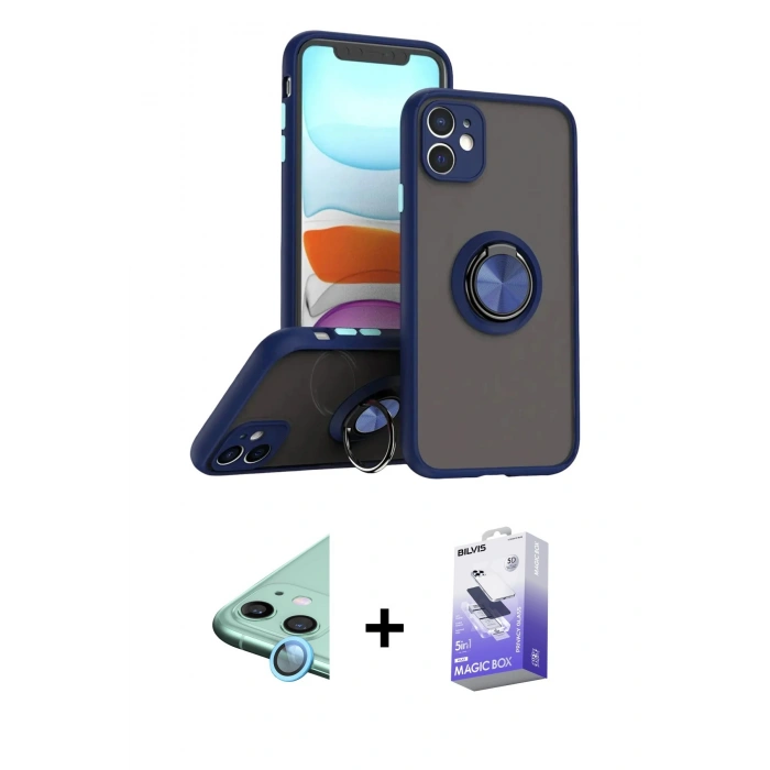 MARSİLYAN™- iPhone 11 Kılıf Yörünge Çizgi - Siyah Bilvis 5in1 5D Magic Hayalet Cam Ekran Koruyucu + Raze Metal Kamera Lens - MI