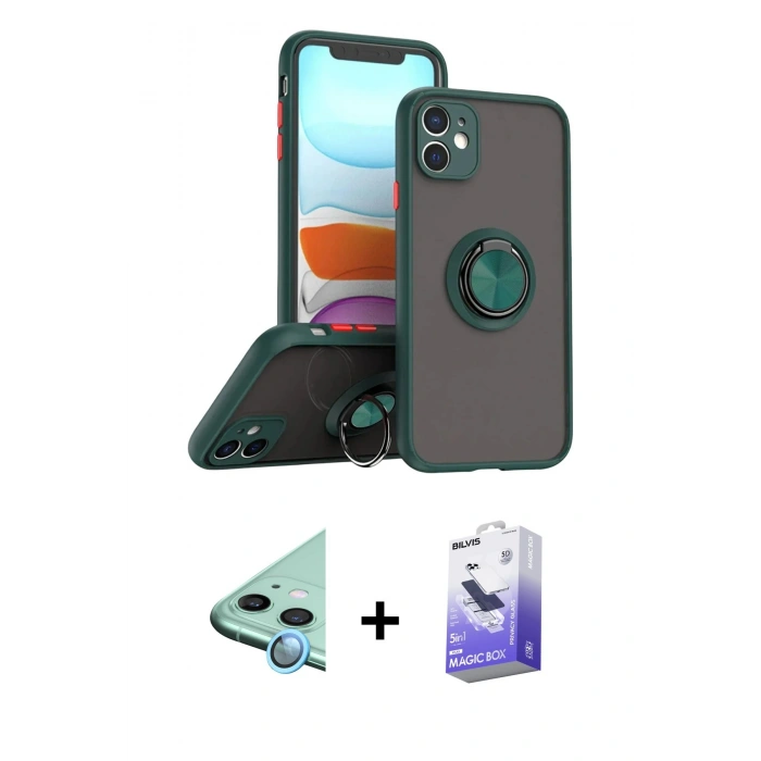 MARSİLYAN™- iPhone 11 Kılıf Yörünge Çizgi - Siyah Bilvis 5in1 5D Magic Hayalet Cam Ekran Koruyucu + Raze Metal Kamera Lens - MI