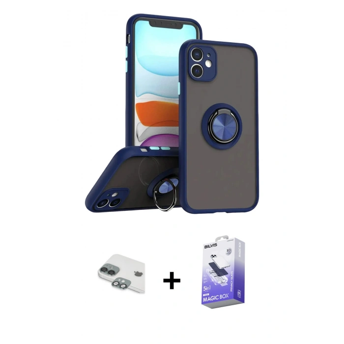 MARSİLYAN™- iPhone 11 Kılıf Yörünge Çizgi - Siyah Bilvis 5in1 5D Magic Hayalet Cam Ekran Koruyucu + Pers Alüminyum Kamera Lens - YL