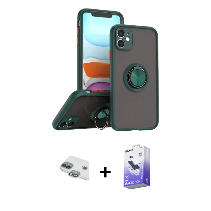 MARSİLYAN™- iPhone 11 Kılıf Yörünge Çizgi - Siyah Bilvis 5in1 5D Magic Hayalet Cam Ekran Koruyucu + Pers Alüminyum Kamera Lens - YL