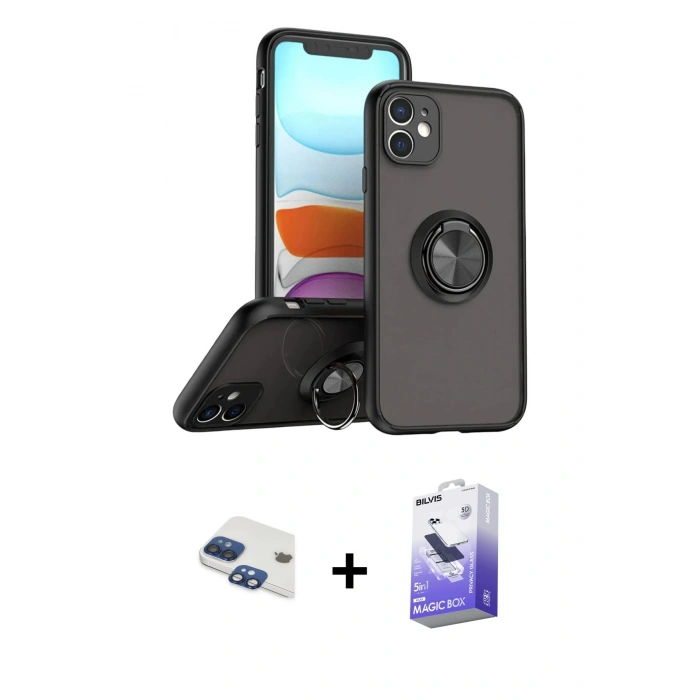 MARSİLYAN™- iPhone 11 Kılıf Yörünge Çizgi - Siyah Bilvis 5in1 5D Magic Hayalet Cam Ekran Koruyucu + Pers Alüminyum Kamera Lens - LT