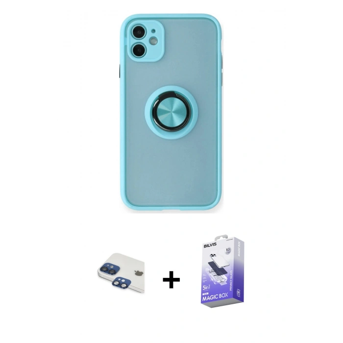 MARSİLYAN™- iPhone 11 Kılıf Yörünge Çizgi - Siyah Bilvis 5in1 5D Magic Hayalet Cam Ekran Koruyucu + Pers Alüminyum Kamera Lens - LT