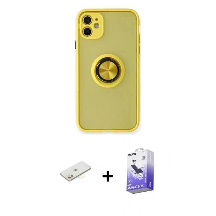 MARSİLYAN™- iPhone 11 Kılıf Yörünge Çizgi - Siyah Bilvis 5in1 5D Magic Hayalet Cam Ekran Koruyucu + Renkli Kamera Lens Koruma Cam - SI