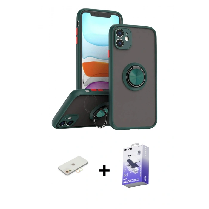 MARSİLYAN™- iPhone 11 Kılıf Yörünge Çizgi - Siyah Bilvis 5in1 5D Magic Hayalet Cam Ekran Koruyucu + Renkli Kamera Lens Koruma Cam - SI