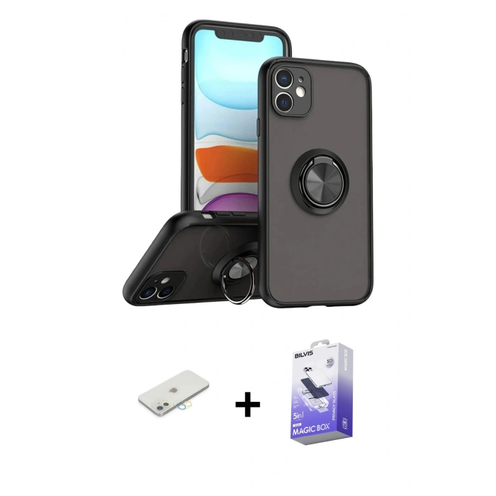 MARSİLYAN™- iPhone 11 Kılıf Yörünge Çizgi - Siyah Bilvis 5in1 5D Magic Hayalet Cam Ekran Koruyucu + Renkli Kamera Lens Koruma Cam - SI