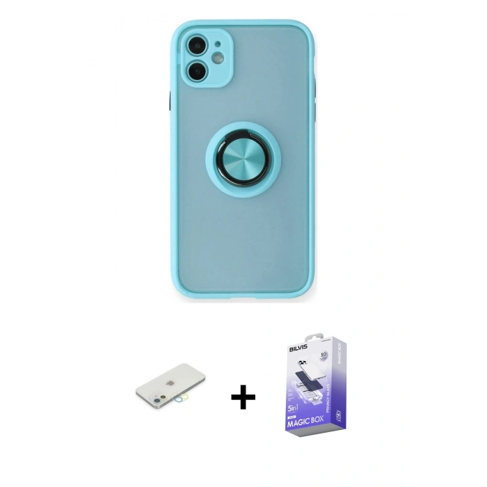 MARSİLYAN™- iPhone 11 Kılıf Yörünge Çizgi - Siyah Bilvis 5in1 5D Magic Hayalet Cam Ekran Koruyucu + Renkli Kamera Lens Koruma Cam - SI