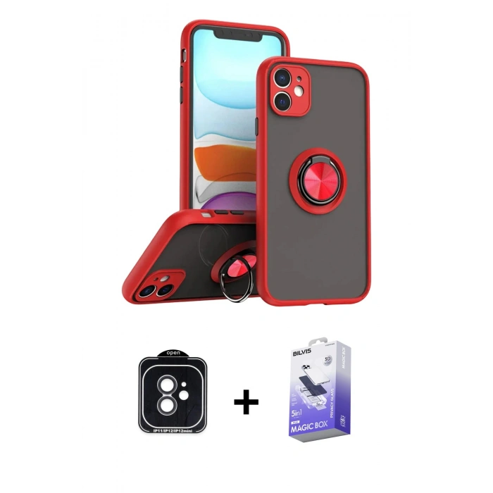MARSİLYAN™- iPhone 11 Kılıf Yörünge Çizgi - Siyah Bilvis 5in1 5D Magic Hayalet Cam Ekran Koruyucu + PVD Metal Kamera Lens - SH