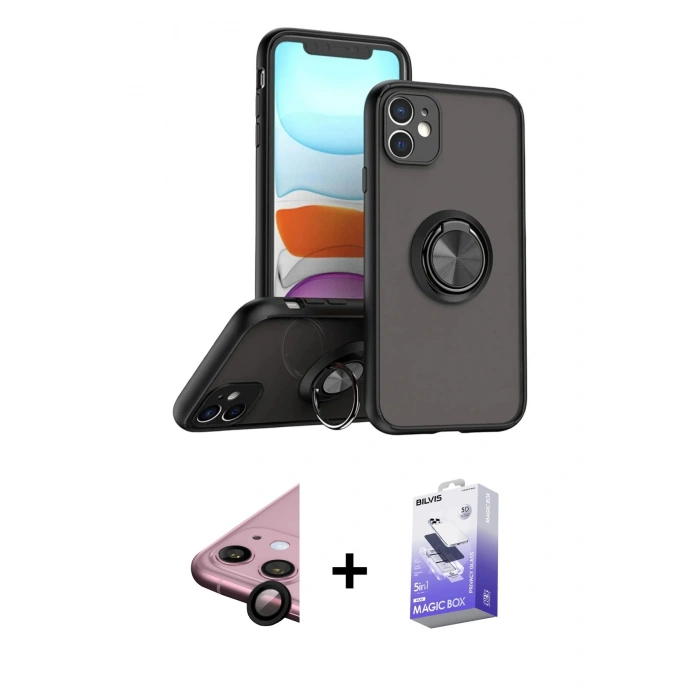 MARSİLYAN™- iPhone 11 Kılıf Yörünge Çizgi - Siyah Bilvis 5in1 5D Magic Hayalet Cam Ekran Koruyucu + Raze Metal Kamera Lens - SH