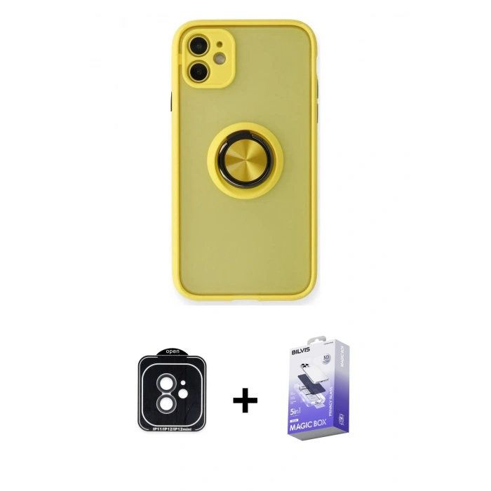 MARSİLYAN™- iPhone 11 Kılıf Yörünge Çizgi - Siyah Bilvis 5in1 5D Magic Hayalet Cam Ekran Koruyucu + PVD Metal Kamera Lens - SH