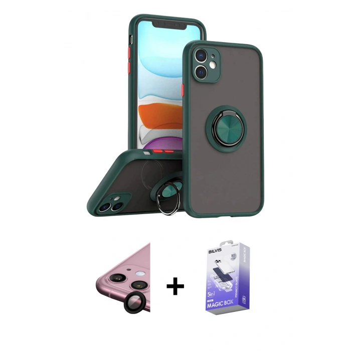 MARSİLYAN™- iPhone 11 Kılıf Yörünge Çizgi - Siyah Bilvis 5in1 5D Magic Hayalet Cam Ekran Koruyucu + Raze Metal Kamera Lens - SH