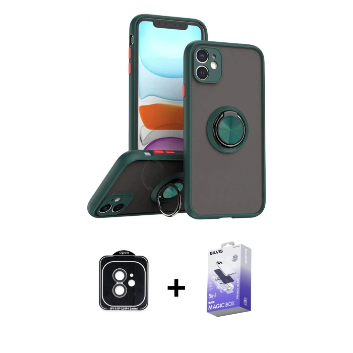 MARSİLYAN™- iPhone 11 Kılıf Yörünge Çizgi - Siyah Bilvis 5in1 5D Magic Hayalet Cam Ekran Koruyucu + PVD Metal Kamera Lens - SH