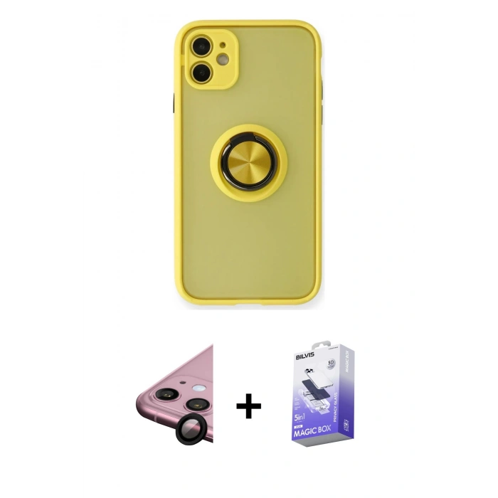 MARSİLYAN™- iPhone 11 Kılıf Yörünge Çizgi - Siyah Bilvis 5in1 5D Magic Hayalet Cam Ekran Koruyucu + Raze Metal Kamera Lens - SH