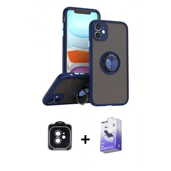 MARSİLYAN™- iPhone 11 Kılıf Yörünge Çizgi - Siyah Bilvis 5in1 5D Magic Hayalet Cam Ekran Koruyucu + PVD Metal Kamera Lens - SH
