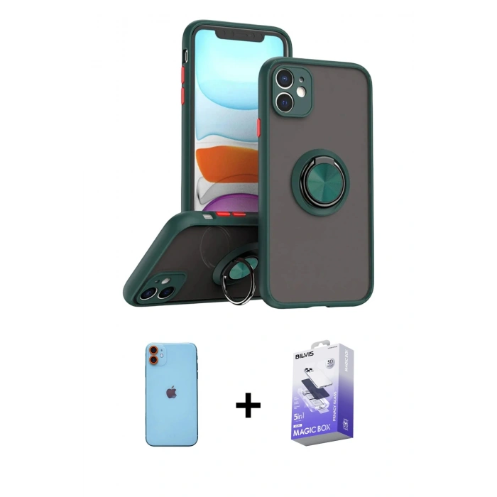 MARSİLYAN™- iPhone 11 Kılıf Yörünge Çizgi - Siyah Bilvis 5in1 5D Magic Hayalet Cam Ekran Koruyucu + Neon Fosforlu Kamera Lens - TU