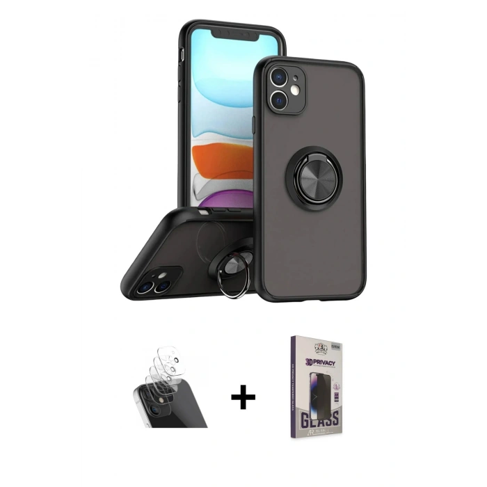 MARSİLYAN™- iPhone 11 Kılıf Yörünge Çizgi - Siyah Bilvis Hayalet Cam Ekran Koruyucu + Kamera Lens Koruma Cam - SF