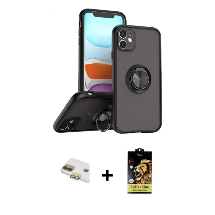 MARSİLYAN™- iPhone 11 Kılıf Yörünge Çizgi - Siyah Buffer Cam Ekran Koruyucu + Pers Alüminyum Kamera Lens - GD