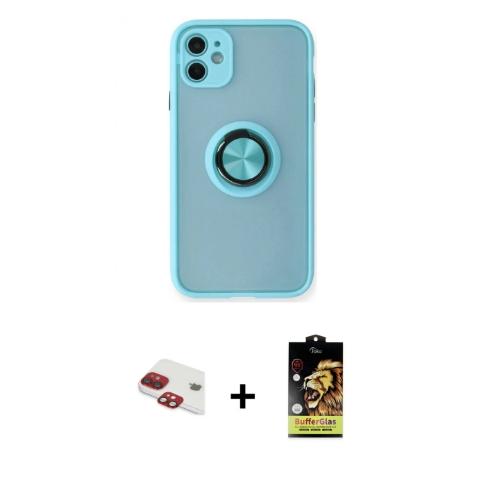 MARSİLYAN™- iPhone 11 Kılıf Yörünge Çizgi - Siyah Buffer Cam Ekran Koruyucu + Pers Alüminyum Kamera Lens - KI