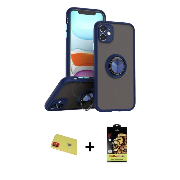 MARSİLYAN™- iPhone 11 Kılıf Yörünge Çizgi - Siyah Buffer Cam Ekran Koruyucu + Rainbow Kamera Lens Koruma Cam - KI