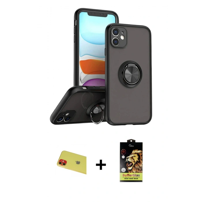 MARSİLYAN™- iPhone 11 Kılıf Yörünge Çizgi - Siyah Buffer Cam Ekran Koruyucu + Rainbow Kamera Lens Koruma Cam - KI