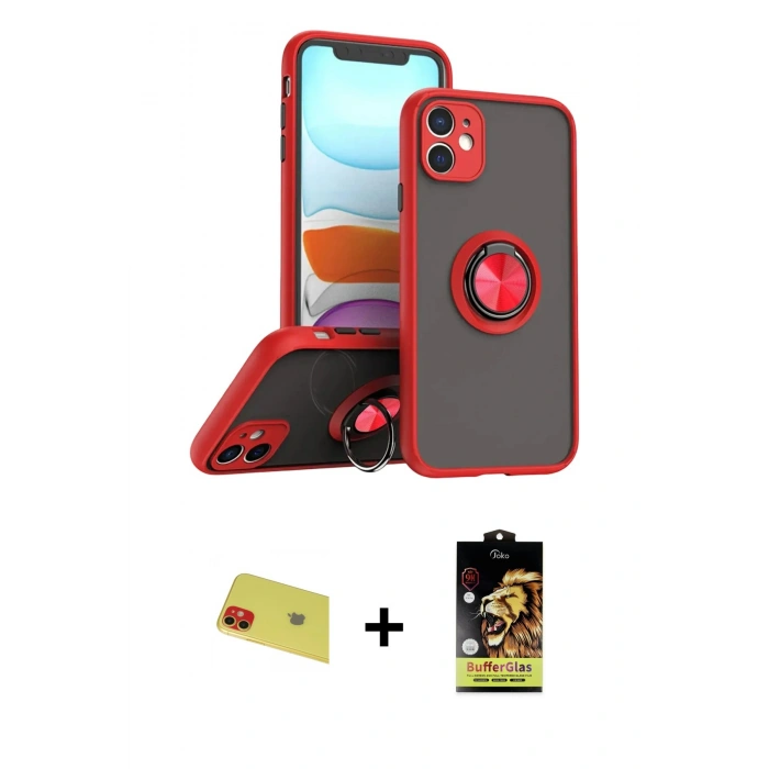 MARSİLYAN™- iPhone 11 Kılıf Yörünge Çizgi - Siyah Buffer Cam Ekran Koruyucu + Rainbow Kamera Lens Koruma Cam - KI