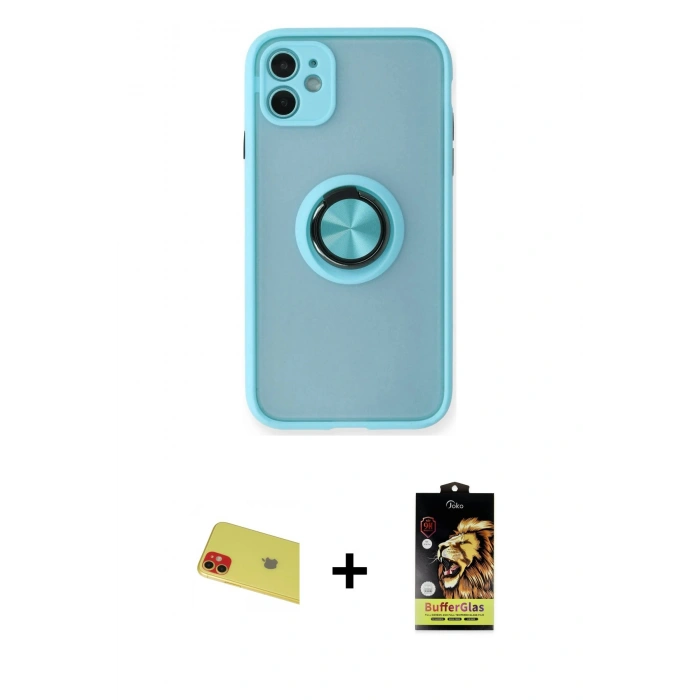MARSİLYAN™- iPhone 11 Kılıf Yörünge Çizgi - Siyah Buffer Cam Ekran Koruyucu + Rainbow Kamera Lens Koruma Cam - KI