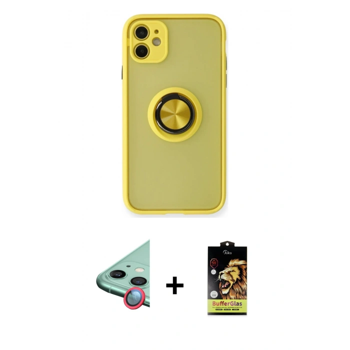 MARSİLYAN™- iPhone 11 Kılıf Yörünge Çizgi - Siyah Buffer Cam Ekran Koruyucu + Raze Metal Kamera Lens - KI