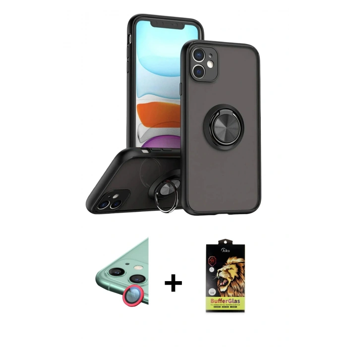 MARSİLYAN™- iPhone 11 Kılıf Yörünge Çizgi - Siyah Buffer Cam Ekran Koruyucu + Raze Metal Kamera Lens - KI