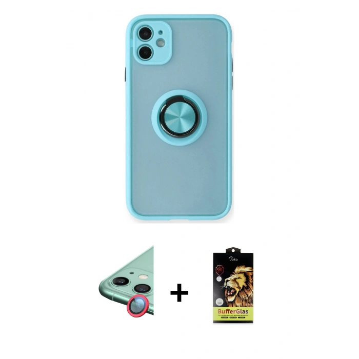 MARSİLYAN™- iPhone 11 Kılıf Yörünge Çizgi - Siyah Buffer Cam Ekran Koruyucu + Raze Metal Kamera Lens - KI