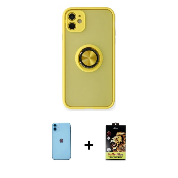MARSİLYAN™- iPhone 11 Kılıf Yörünge Çizgi - Siyah Buffer Cam Ekran Koruyucu + Neon Fosforlu Kamera Lens - MI