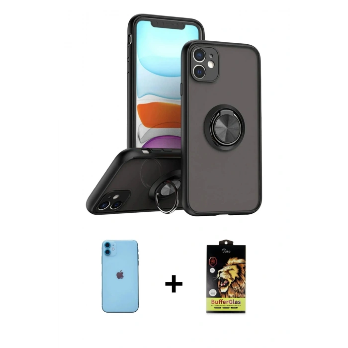 MARSİLYAN™- iPhone 11 Kılıf Yörünge Çizgi - Siyah Buffer Cam Ekran Koruyucu + Neon Fosforlu Kamera Lens - MI