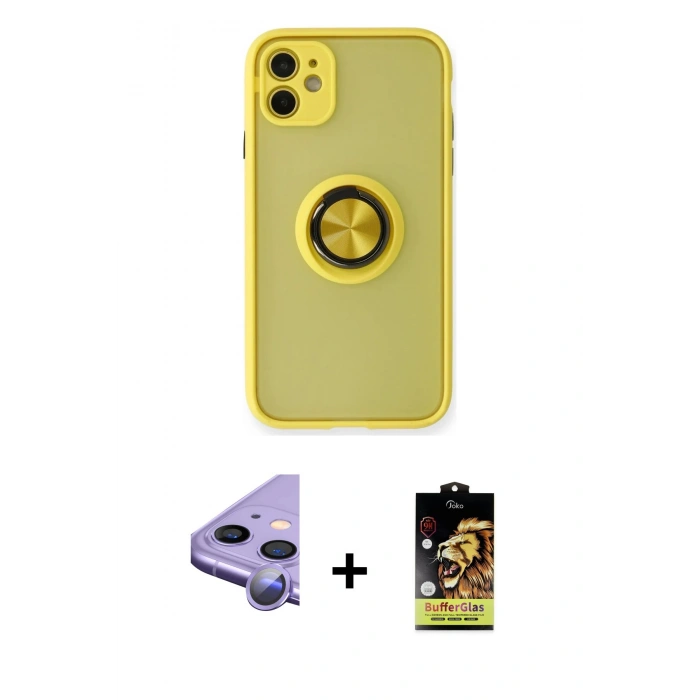 MARSİLYAN™- iPhone 11 Kılıf Yörünge Çizgi - Siyah Buffer Cam Ekran Koruyucu + Raze Metal Kamera Lens - MR