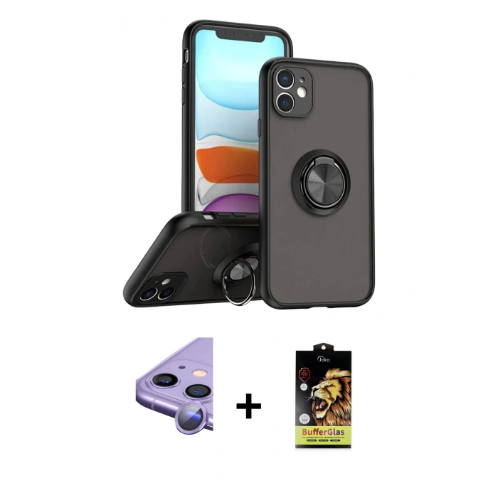 MARSİLYAN™- iPhone 11 Kılıf Yörünge Çizgi - Siyah Buffer Cam Ekran Koruyucu + Raze Metal Kamera Lens - MR