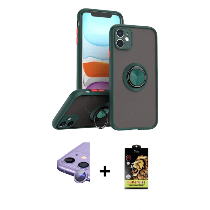 MARSİLYAN™- iPhone 11 Kılıf Yörünge Çizgi - Siyah Buffer Cam Ekran Koruyucu + Raze Metal Kamera Lens - MR