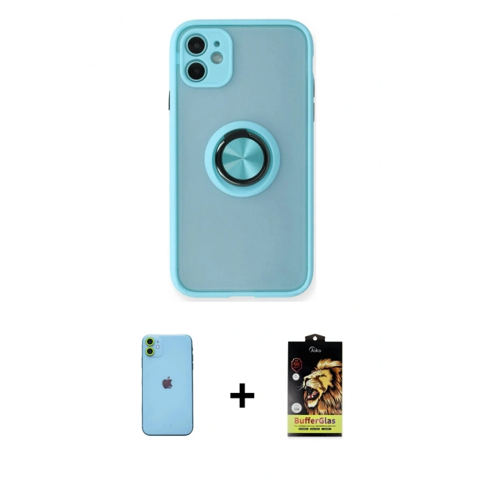 MARSİLYAN™- iPhone 11 Kılıf Yörünge Çizgi - Siyah Buffer Cam Ekran Koruyucu + Neon Fosforlu Kamera Lens - YL