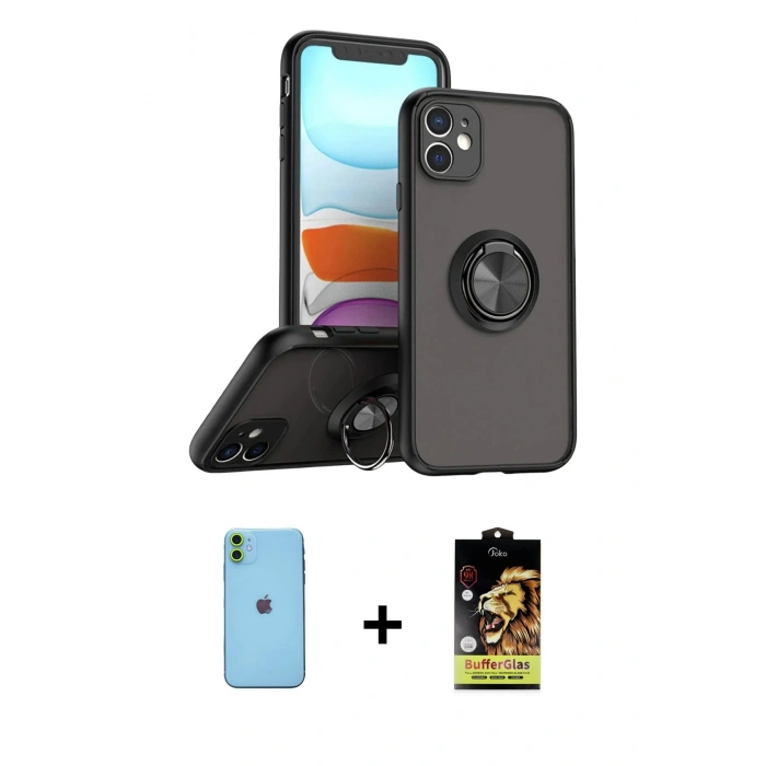 MARSİLYAN™- iPhone 11 Kılıf Yörünge Çizgi - Siyah Buffer Cam Ekran Koruyucu + Neon Fosforlu Kamera Lens - YL