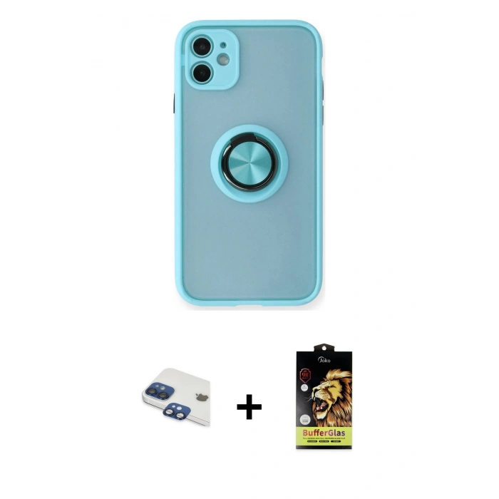 MARSİLYAN™- iPhone 11 Kılıf Yörünge Çizgi - Siyah Buffer Cam Ekran Koruyucu + Pers Alüminyum Kamera Lens - LT
