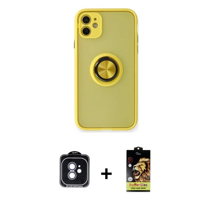 MARSİLYAN™- iPhone 11 Kılıf Yörünge Çizgi - Siyah Buffer Cam Ekran Koruyucu + PVD Metal Kamera Lens - MI