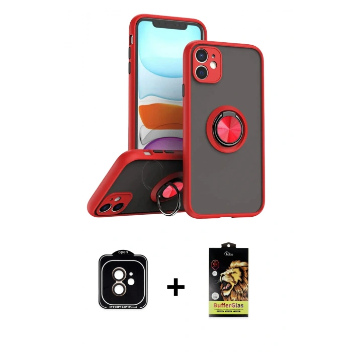 MARSİLYAN™- iPhone 11 Kılıf Yörünge Çizgi - Siyah Buffer Cam Ekran Koruyucu + PVD Metal Kamera Lens - TU