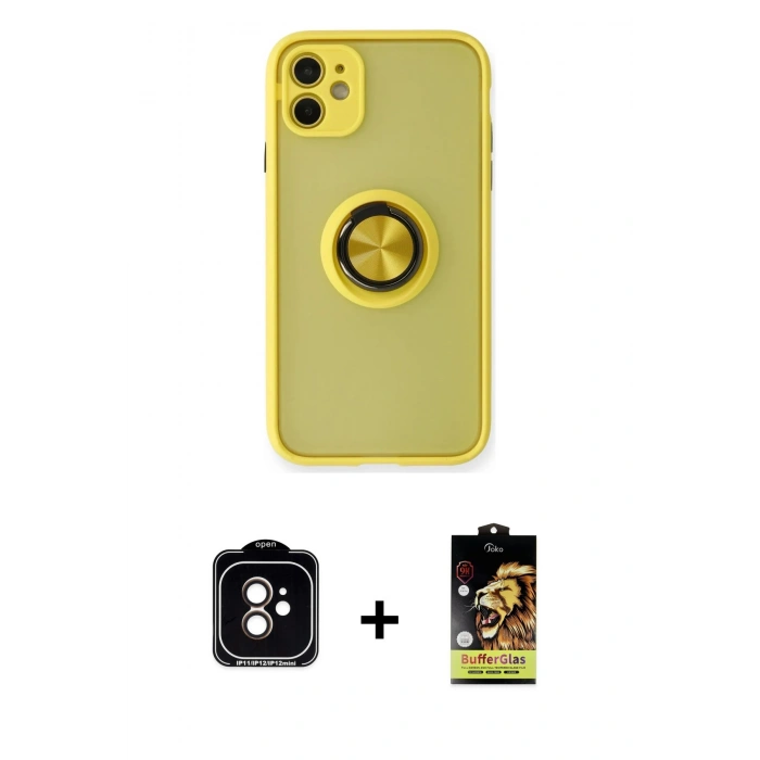 MARSİLYAN™- iPhone 11 Kılıf Yörünge Çizgi - Siyah Buffer Cam Ekran Koruyucu + PVD Metal Kamera Lens - TU
