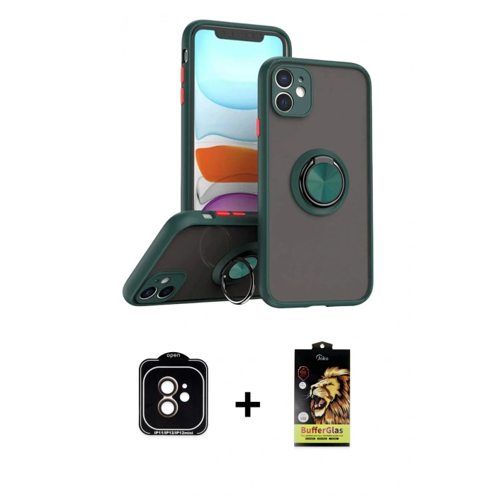 MARSİLYAN™- iPhone 11 Kılıf Yörünge Çizgi - Siyah Buffer Cam Ekran Koruyucu + PVD Metal Kamera Lens - TU