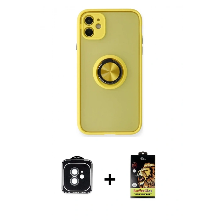 MARSİLYAN™- iPhone 11 Kılıf Yörünge Çizgi - Siyah Buffer Cam Ekran Koruyucu + PVD Metal Kamera Lens - YL