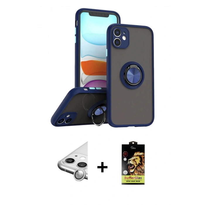 MARSİLYAN™- iPhone 11 Kılıf Yörünge Çizgi - Siyah Buffer Cam Ekran Koruyucu + Raze Metal Kamera Lens - GS