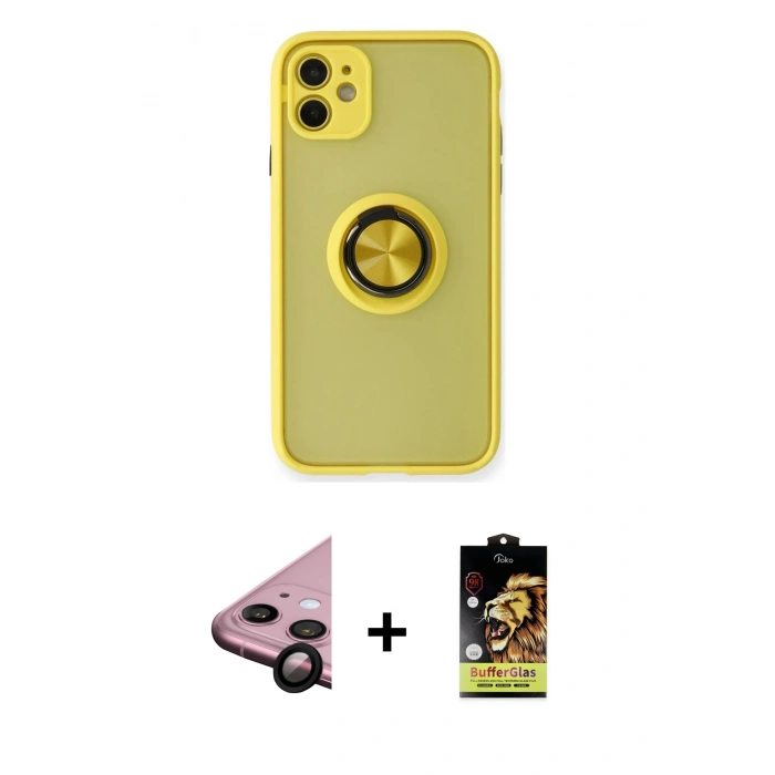 MARSİLYAN™- iPhone 11 Kılıf Yörünge Çizgi - Siyah Buffer Cam Ekran Koruyucu + Raze Metal Kamera Lens - SH