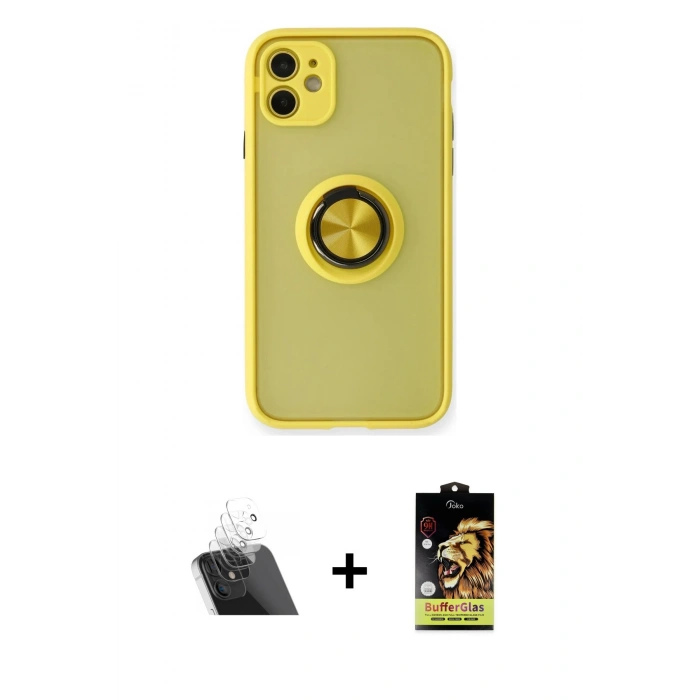 MARSİLYAN™- iPhone 11 Kılıf Yörünge Çizgi - Siyah Buffer Cam Ekran Koruyucu + Şeffaf Kamera Lens Koruma Cam
